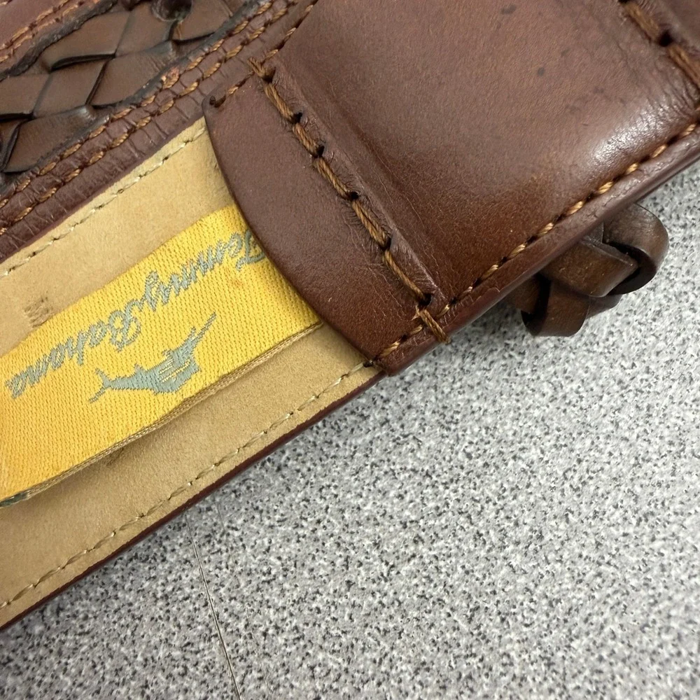 Tommy Bahama Belt Mens 34 Brown Woven Inlay Leather Casual Dress Silver Buckle